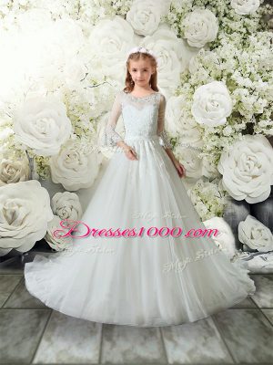 Affordable White A-line Lace Toddler Flower Girl Dress Clasp Handle Tulle 3 4 Length Sleeve