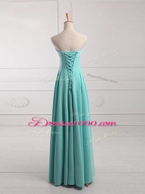 Classical Aqua Blue Empire Chiffon Strapless Sleeveless Ruching Floor Length Lace Up Dama Dress