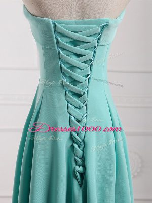 Classical Aqua Blue Empire Chiffon Strapless Sleeveless Ruching Floor Length Lace Up Dama Dress