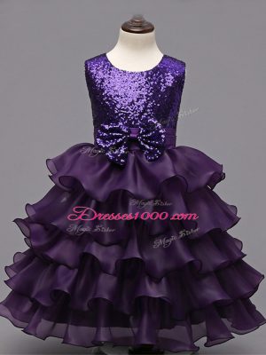 Dark Purple Zipper Kids Pageant Dress Ruffled Layers and Sequins Sleeveless Tea Length