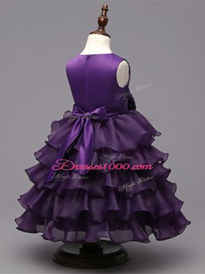 Dark Purple Zipper Kids Pageant Dress Ruffled Layers and Sequins Sleeveless Tea Length