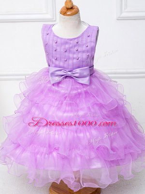 Beautiful Organza Sleeveless Tea Length Little Girl Pageant Dress and Ruffled Layers and Bowknot