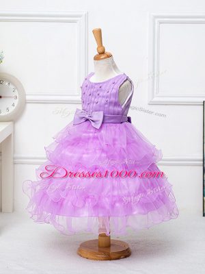 Beautiful Organza Sleeveless Tea Length Little Girl Pageant Dress and Ruffled Layers and Bowknot