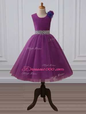 Scoop Sleeveless Tulle Kids Pageant Dress Beading and Hand Made Flower Zipper