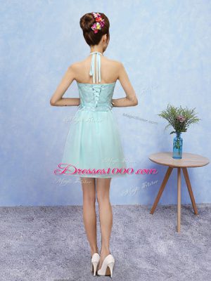 Aqua Blue Lace Up Halter Top Lace Quinceanera Court of Honor Dress Tulle Sleeveless