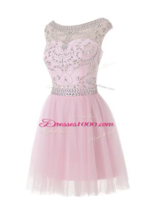 Baby Pink Tulle Zipper Scoop Sleeveless Mini Length Prom Dress Beading