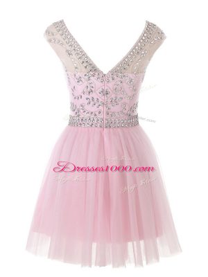 Baby Pink Tulle Zipper Scoop Sleeveless Mini Length Prom Dress Beading