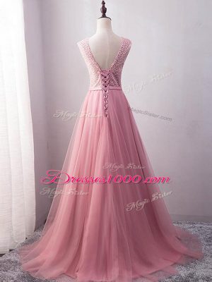 Pink Empire Beading and Belt Evening Dress Lace Up Tulle Sleeveless