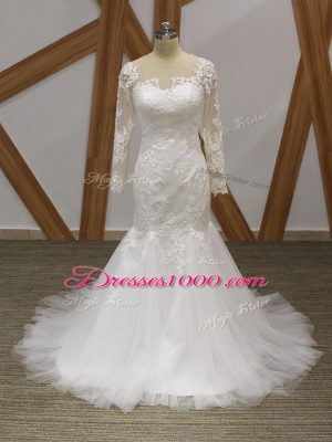 Sleeveless Tulle Brush Train Zipper Wedding Dress in White with Lace and Appliques