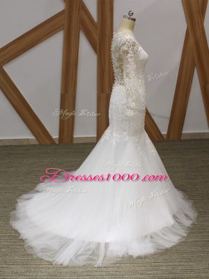 Sleeveless Tulle Brush Train Zipper Wedding Dress in White with Lace and Appliques