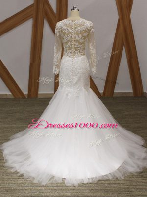 Sleeveless Tulle Brush Train Zipper Wedding Dress in White with Lace and Appliques