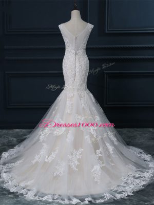 Exceptional V-neck Sleeveless Brush Train Zipper Wedding Gown White Tulle