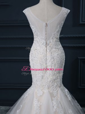 Exceptional V-neck Sleeveless Brush Train Zipper Wedding Gown White Tulle