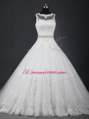 Dazzling Brush Train Ball Gowns Wedding Gown White Scoop Tulle Sleeveless Lace Up