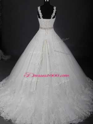 Dazzling Brush Train Ball Gowns Wedding Gown White Scoop Tulle Sleeveless Lace Up