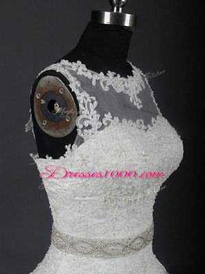 Dazzling Brush Train Ball Gowns Wedding Gown White Scoop Tulle Sleeveless Lace Up