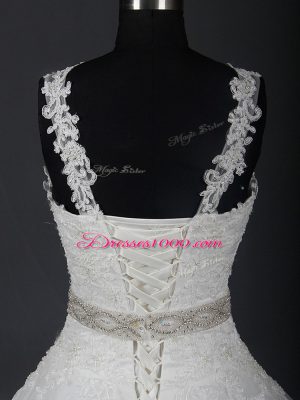 Dazzling Brush Train Ball Gowns Wedding Gown White Scoop Tulle Sleeveless Lace Up