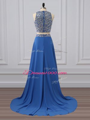 Custom Made Floor Length Blue Prom Dress Chiffon Sleeveless Beading and Sequins