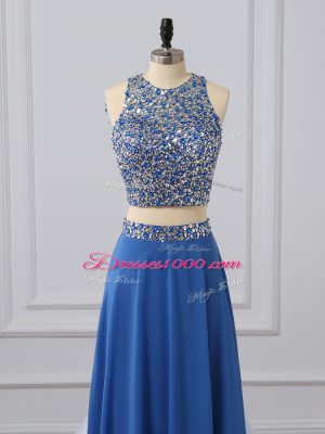 Custom Made Floor Length Blue Prom Dress Chiffon Sleeveless Beading and Sequins