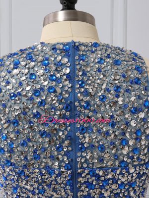 Custom Made Floor Length Blue Prom Dress Chiffon Sleeveless Beading and Sequins