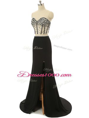 Wonderful Sweetheart Sleeveless Brush Train Zipper Prom Dresses Black Elastic Woven Satin