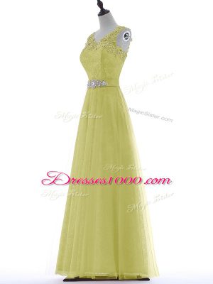 Tulle Sleeveless Floor Length Juniors Evening Dress and Beading and Lace and Appliques