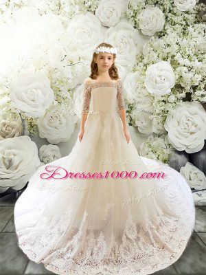 White Tulle Clasp Handle Toddler Flower Girl Dress Half Sleeves Court Train Lace