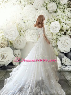 White Tulle Clasp Handle Toddler Flower Girl Dress Half Sleeves Court Train Lace