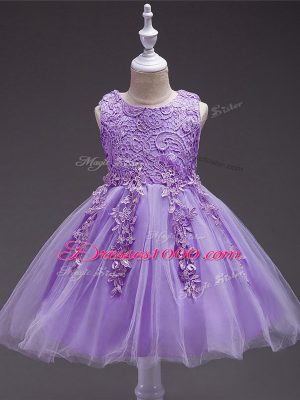 Lavender Ball Gowns Tulle Scoop Sleeveless Appliques Knee Length Zipper Child Pageant Dress