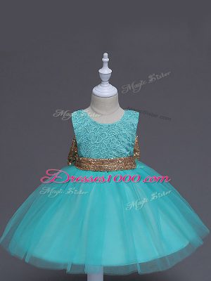 Knee Length Zipper Toddler Flower Girl Dress Aqua Blue for Wedding Party with Lace and Bowknot