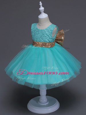 Knee Length Zipper Toddler Flower Girl Dress Aqua Blue for Wedding Party with Lace and Bowknot