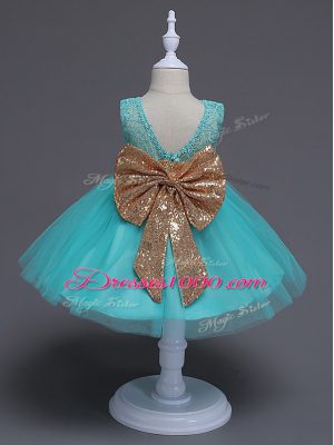 Knee Length Zipper Toddler Flower Girl Dress Aqua Blue for Wedding Party with Lace and Bowknot