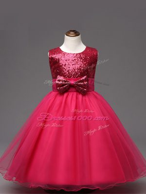 Hot Pink Organza Zipper Scoop Sleeveless Tea Length Little Girl Pageant Gowns Sequins and Bowknot