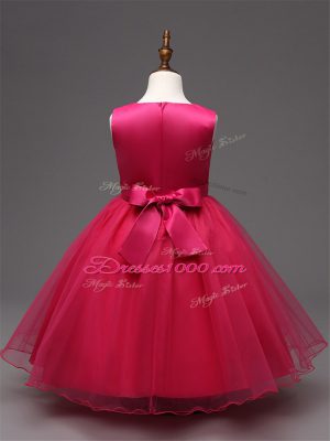 Hot Pink Organza Zipper Scoop Sleeveless Tea Length Little Girl Pageant Gowns Sequins and Bowknot