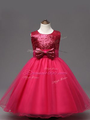 Hot Pink Organza Zipper Scoop Sleeveless Tea Length Little Girl Pageant Gowns Sequins and Bowknot