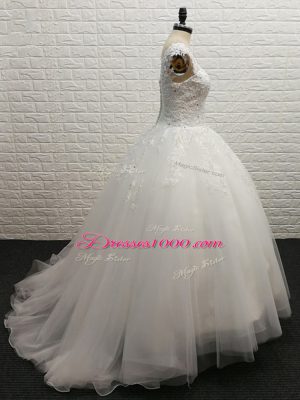 Tulle V-neck Sleeveless Brush Train Clasp Handle Lace Wedding Dress in White