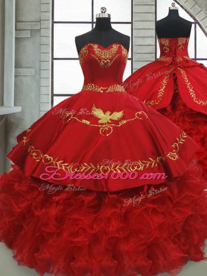 Wine Red Ball Gowns Satin and Organza Sweetheart Sleeveless Beading and Embroidery and Ruffles Lace Up Quinceanera Gown Brush Train