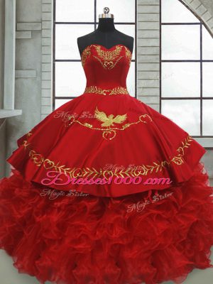 Wine Red Ball Gowns Satin and Organza Sweetheart Sleeveless Beading and Embroidery and Ruffles Lace Up Quinceanera Gown Brush Train