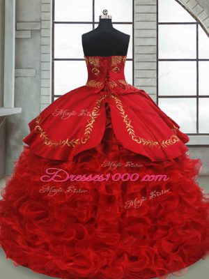 Wine Red Ball Gowns Satin and Organza Sweetheart Sleeveless Beading and Embroidery and Ruffles Lace Up Quinceanera Gown Brush Train