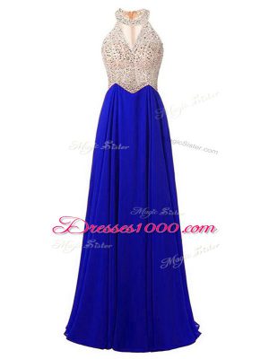 Affordable Royal Blue Prom Gown Prom and Party and Military Ball with Beading High-neck Sleeveless Zipper