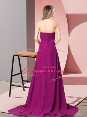 Romantic Pink Zipper Halter Top Beading and Ruching Juniors Evening Dress Chiffon Sleeveless Brush Train