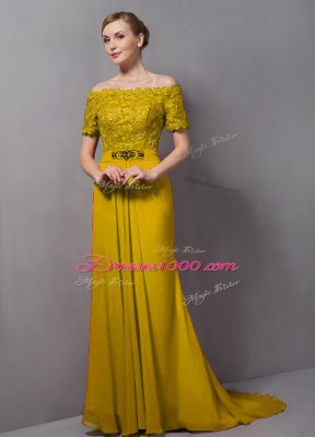 Designer Zipper Mother Dresses Yellow for Prom and Party with Lace Sweep Train