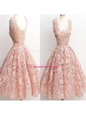 Champagne Sleeveless Knee Length Lace Zipper Dama Dress