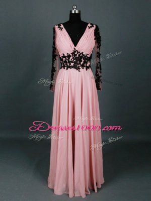 Pink Empire Chiffon V-neck Long Sleeves Lace and Appliques Floor Length Zipper Mother of Groom Dress