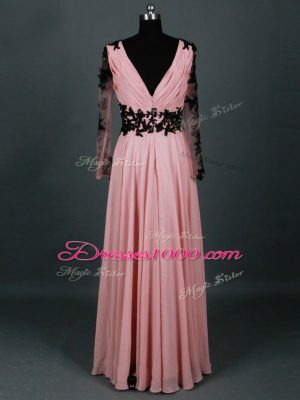 Pink Empire Chiffon V-neck Long Sleeves Lace and Appliques Floor Length Zipper Mother of Groom Dress