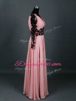 Pink Empire Chiffon V-neck Long Sleeves Lace and Appliques Floor Length Zipper Mother of Groom Dress