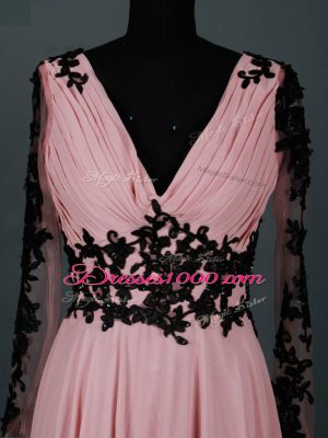 Pink Empire Chiffon V-neck Long Sleeves Lace and Appliques Floor Length Zipper Mother of Groom Dress