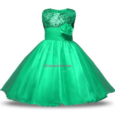 Flare Sleeveless Organza and Sequined Knee Length Zipper Flower Girl Dresses in Turquoise with Belt and Hand Made Flower