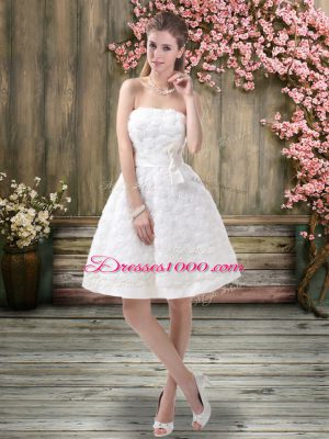 Off The Shoulder Sleeveless Wedding Gowns Knee Length Belt White Fabric With Rolling Flowers