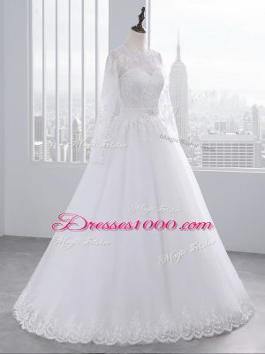 Exceptional White Scalloped Zipper Lace and Appliques Wedding Gowns Brush Train Long Sleeves